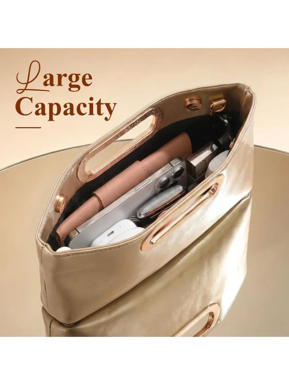 Women Gold Clutch Handbag Modern Faux Leather with Metal Handle Evening Bag
